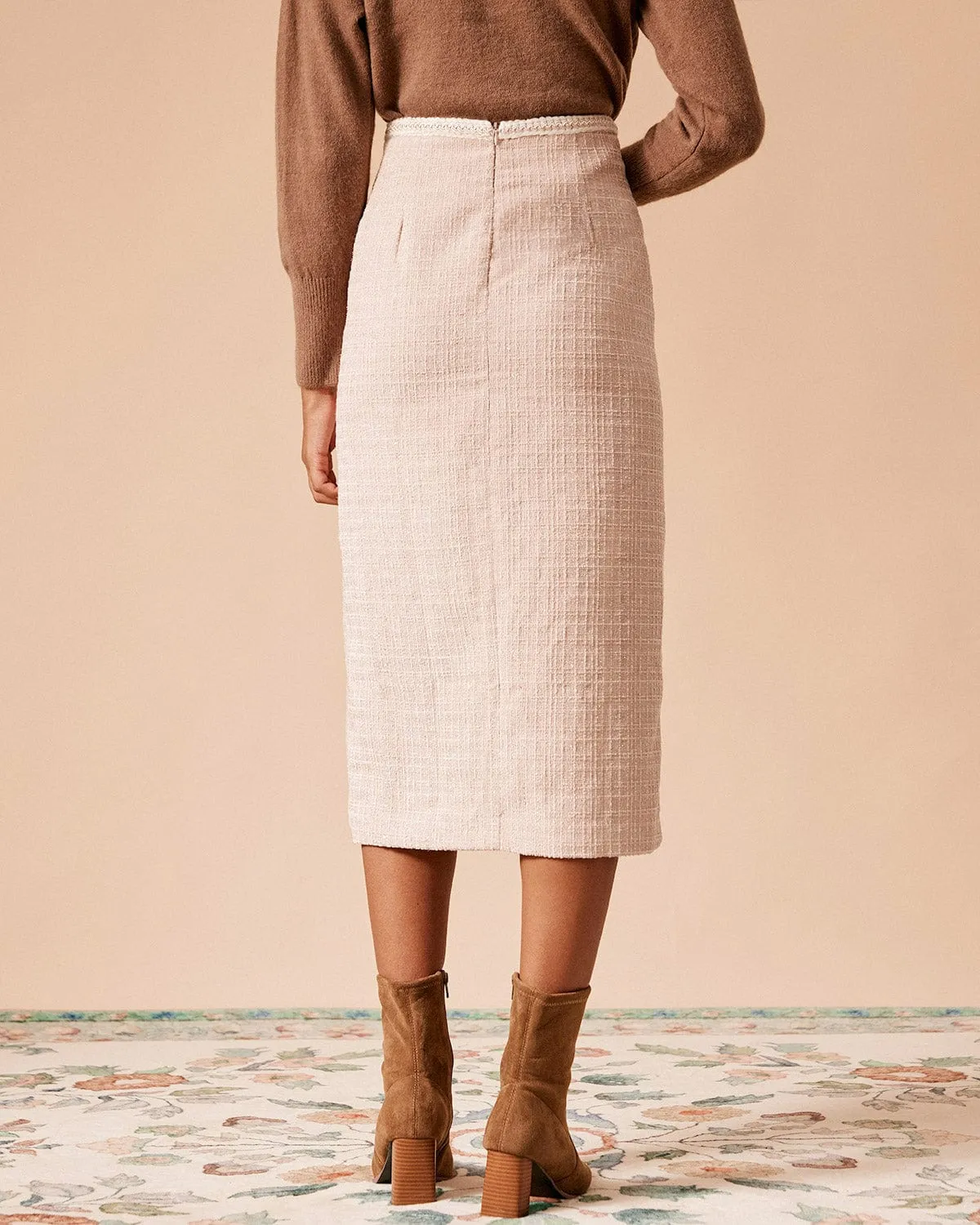 The High Waisted Side Slit Tweed Skirt