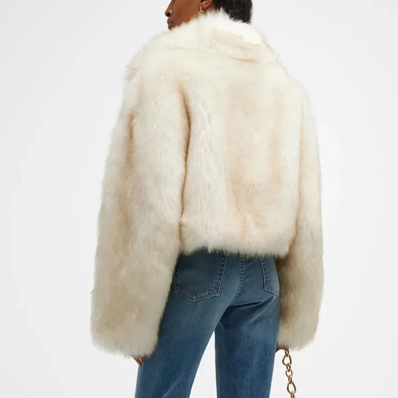 White Turned Collar Charming Faux Fur Crop Coat