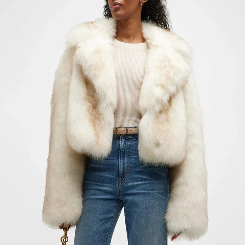 White Turned Collar Charming Faux Fur Crop Coat