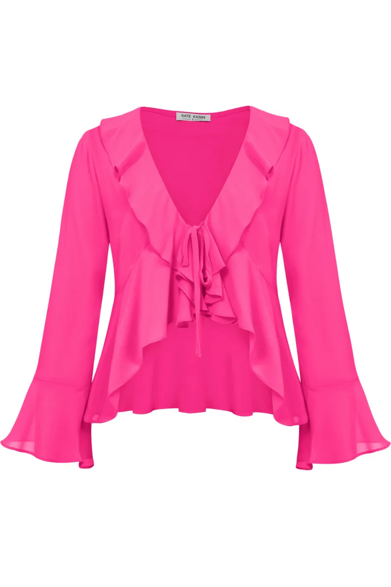 Women Chiffon Cover-up Tops 9/10 Bell Sleeve V-Neck Tie Front Tops