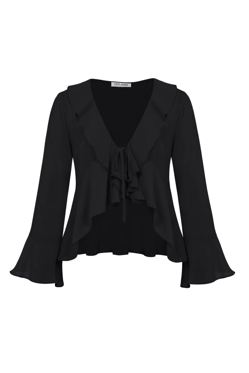 Women Chiffon Cover-up Tops 9/10 Bell Sleeve V-Neck Tie Front Tops