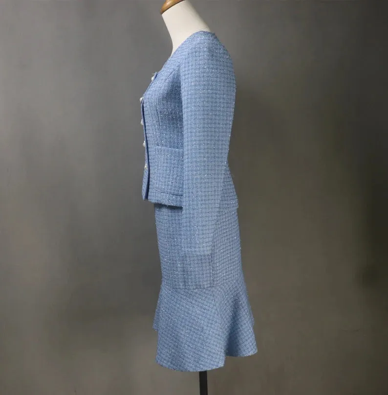 Women Custom Made Tweed Blue Fishtail Skirt Suit