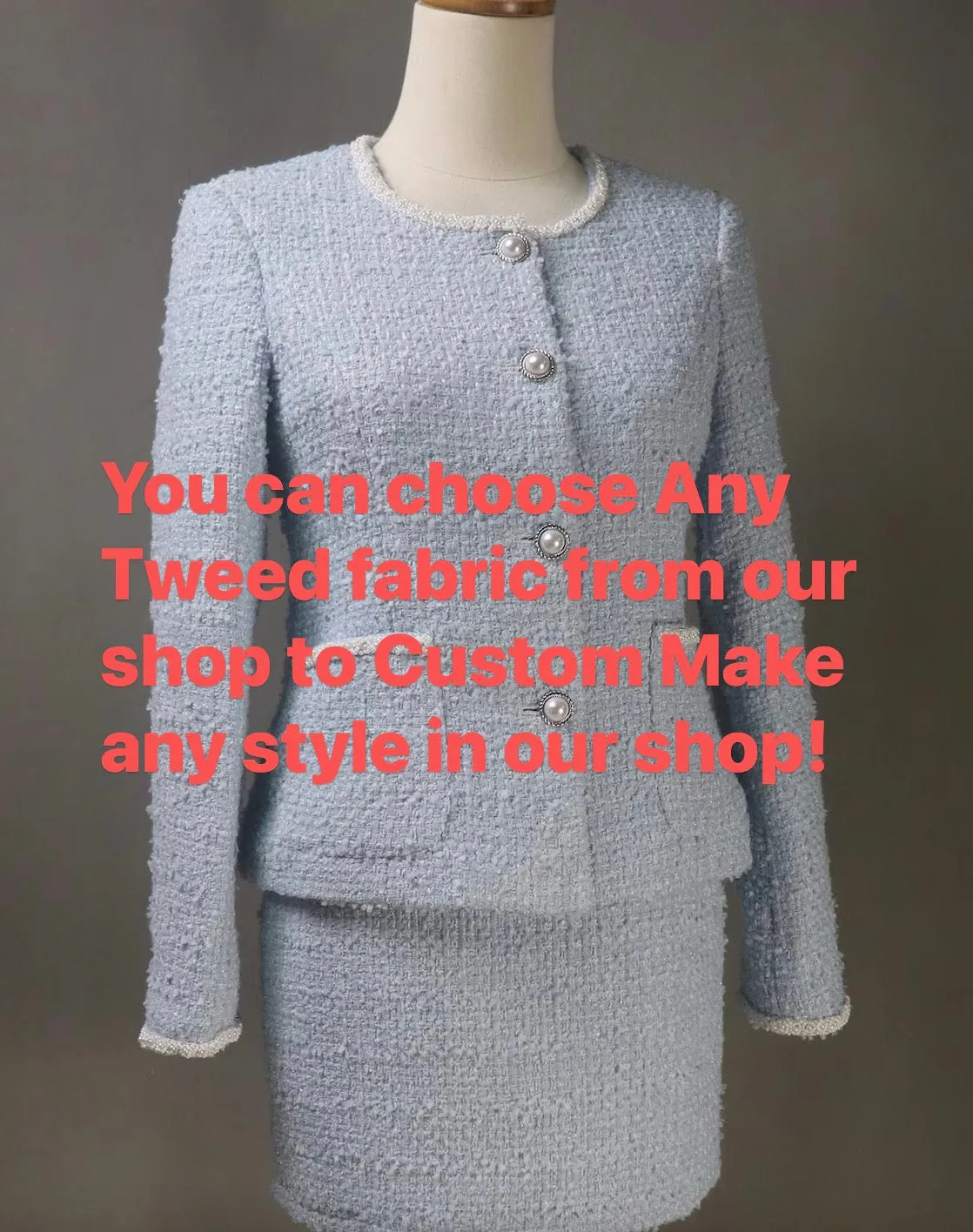 Women Custom Made Tweed Blue Fishtail Skirt Suit