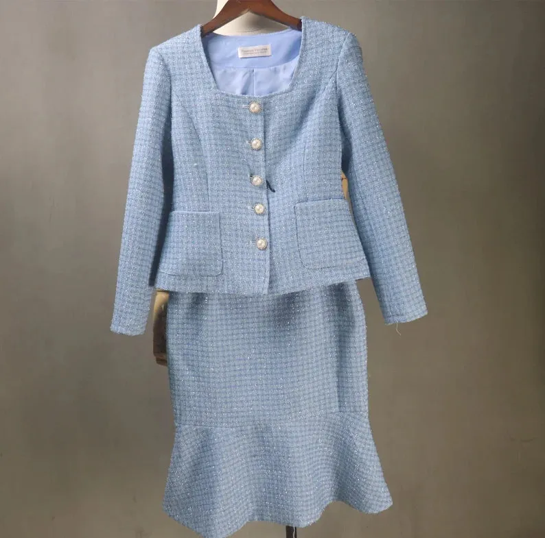 Women Custom Made Tweed Blue Fishtail Skirt Suit