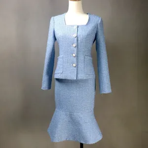 Women Custom Made Tweed Blue Fishtail Skirt Suit