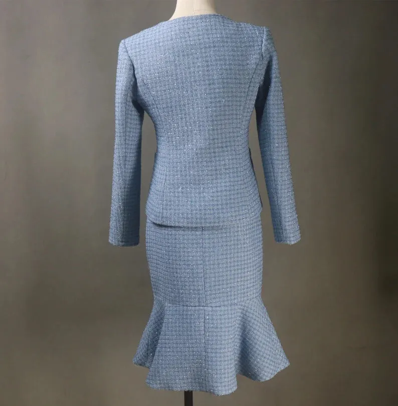 Women Custom Made Tweed Blue Fishtail Skirt Suit