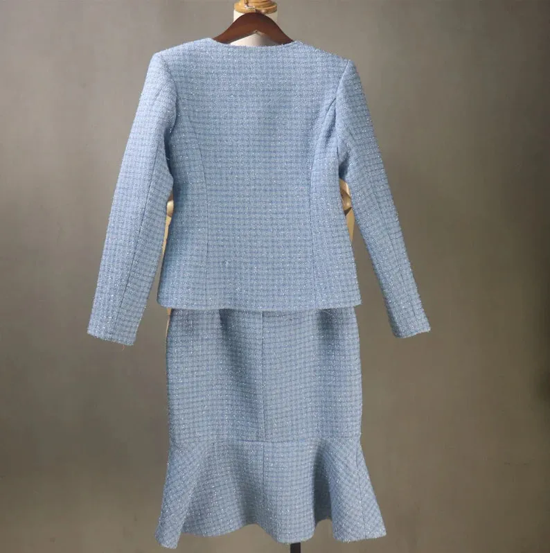 Women Custom Made Tweed Blue Fishtail Skirt Suit