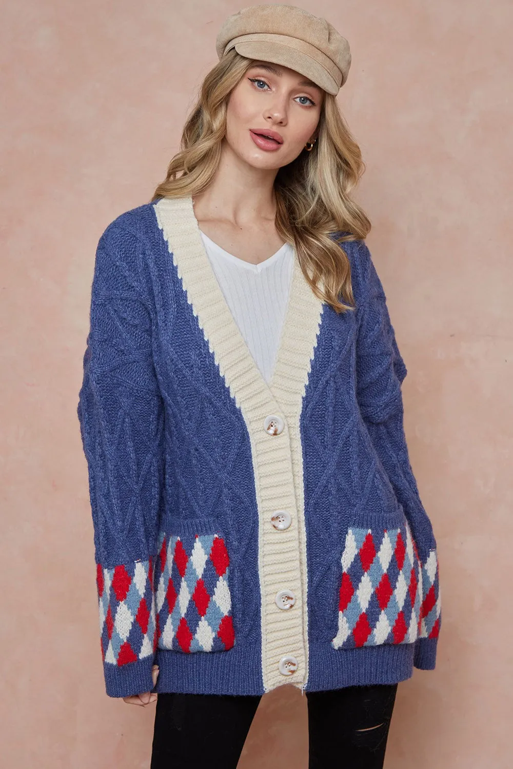 Women Oversized Cable Knit with Argyle Pattern Sweater cardigan