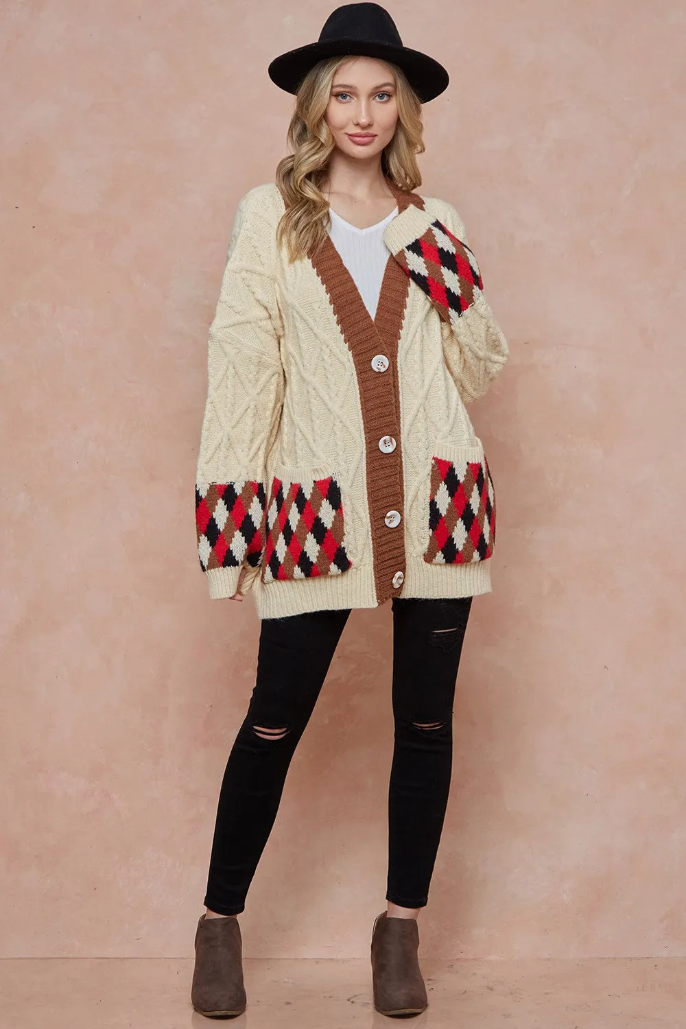 Women Oversized Cable Knit with Argyle Pattern Sweater cardigan