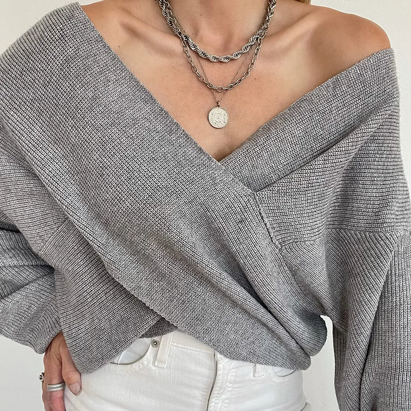 Women’s V Neck Off Shoulder Oversized Sweater