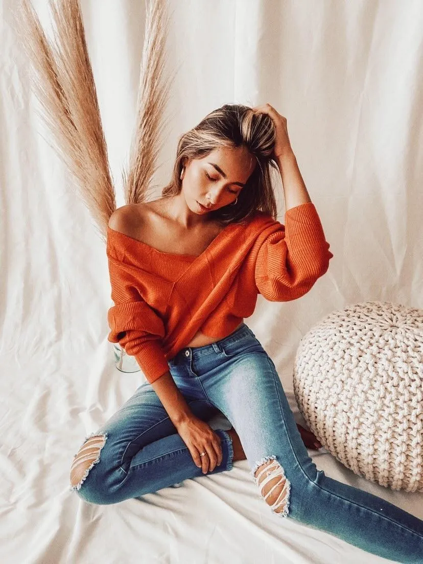 Women’s V Neck Off Shoulder Oversized Sweater