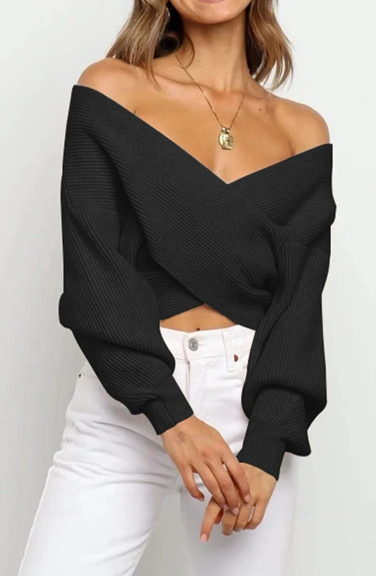 Women’s V Neck Off Shoulder Oversized Sweater